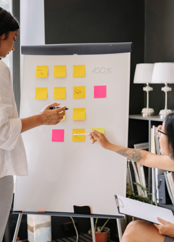 two woman pointing at a board with post-it notes